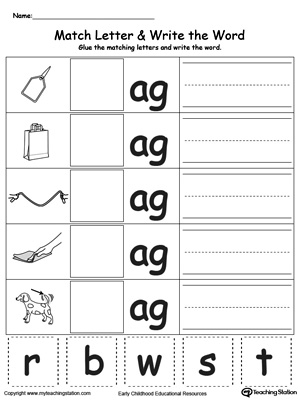 Place the missing letter in this beginning sound AG Word Family printable worksheet.
