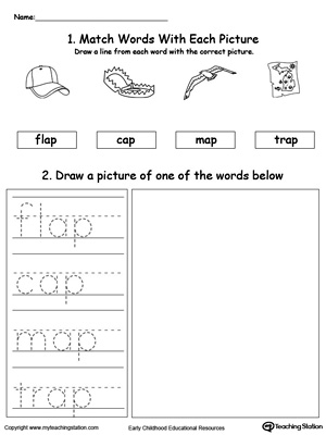 Practice tracing, drawing and recognizing the sounds of the letters AP in this Word Family printable.
