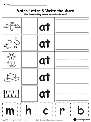 Place the missing letter in this beginning sound AT Word Family printable worksheet.