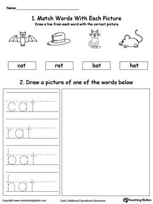 Practice tracing, drawing and recognizing the sounds of the letters AT in this Word Family printable.