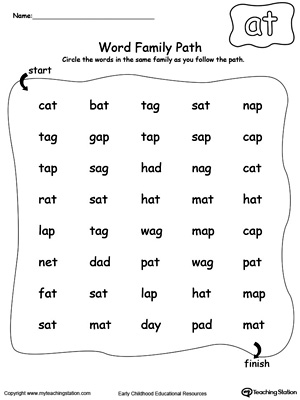 Find and circle words in this AT Word Family path printable worksheet.
