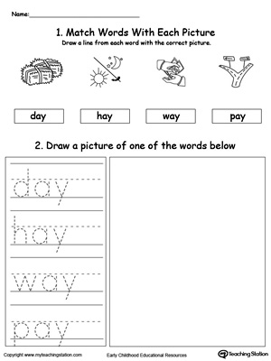 Practice tracing, drawing and recognizing the sounds of the letters AY in this Word Family printable.