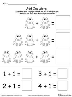 Learn addition by simply adding one more to the group of frogs in this math printable worksheet.