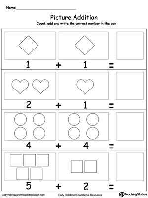 Learn addition by counting the pictures with this adding numbers with shapes printable worksheet.