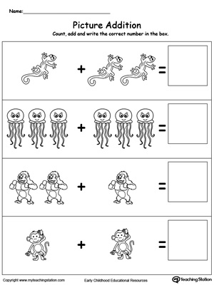 Learn addition by counting the pictures with this addition with pictures animals printable worksheet.