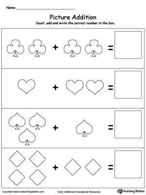 Learn addition by counting the pictures with this addition with pictures shapes printable worksheet.