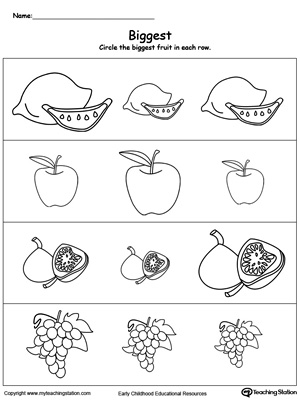 Practice the concept of big, bigger, and biggest. Identify the biggest fruit in this printable math worksheet.