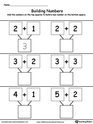 Building numbers addition worksheet for children in kindergarten.