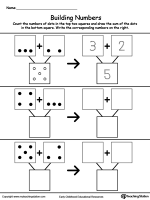 Practice adding numbers with this math building number by counting dots printable worksheet.