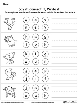 Build words by connecting the letters in this printable worksheet. Use words ending in AG, AY, IP, IN, OG.