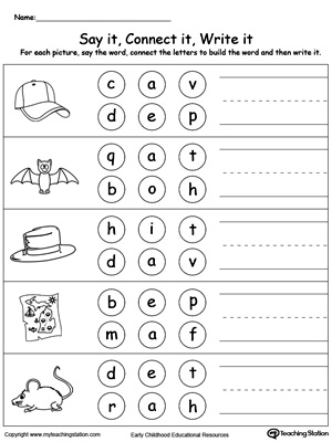 Build words by connecting the letters in this printable worksheet. Use words ending in AT, AP.