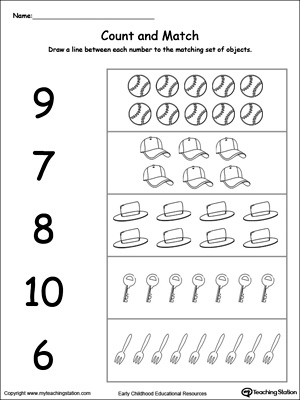 Practice simple number counting with this count and match 6 through 10 picture printable worksheet.