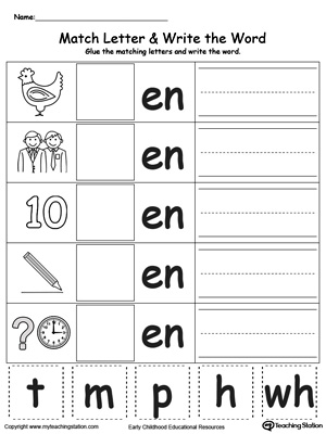 Place the missing letter in this beginning sound EN Word Family printable worksheet.