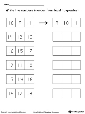 Sort numbers 10 through 19 from least to greastest in this math printable worksheet for kindergarten.