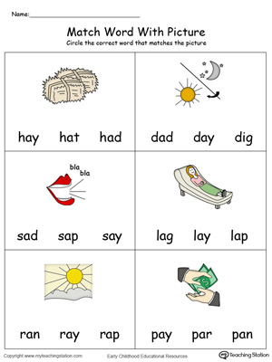 Match Word with Picture: AY Words in Color. Identifying words ending in  –AY by matching the words with each picture.