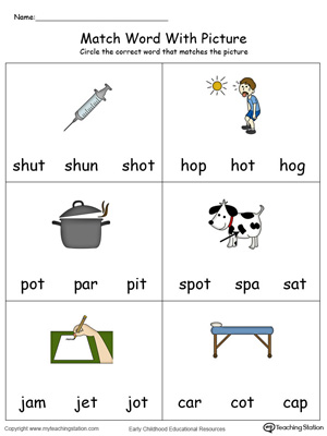 Match Word with Picture: OT Words in Color. Identifying words ending in  –OT by matching the words with each picture.