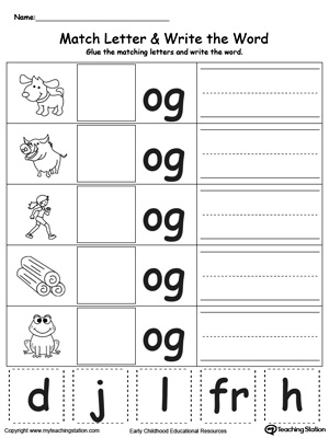 Place the missing letter in this beginning sound OG Word Family printable worksheet.