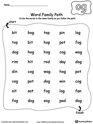 Find and circle words in this OG Word Family path printable worksheet.