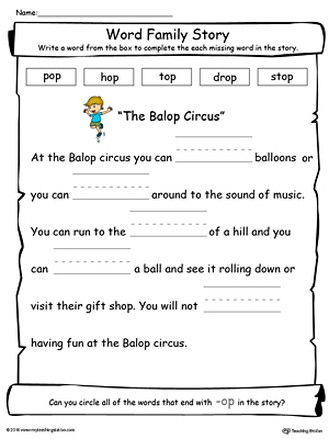 Practice writing by completing the sentence with the missing words in this OP word family story printable worksheet.