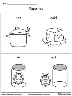Introduce opposites words such as HOT, COLD, IN and OUT using this printable flashcards to preschool kids. Browse more oppositve flashcards.