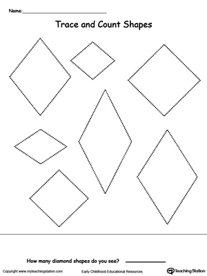 Diamond shapes tracing and count printable worksheet.