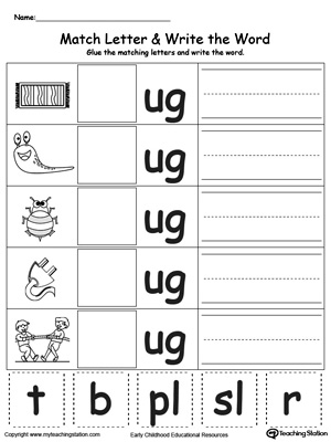 Place the missing letter in this beginning sound UG Word Family printable worksheet.