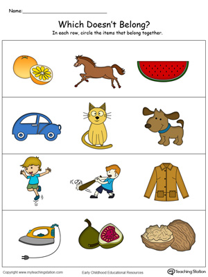Identify the item that does not belong in this sorting and categorizing preschool math color worksheet.