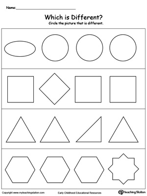 Sorting shapes worksheet. Identify which shape is different in this preschool math worksheet.