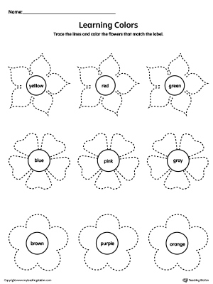 Learning Colors and Tracing Flowers Worksheet is perfect for practicing basic color names along with tracing curved lines in this downloadable worksheet.