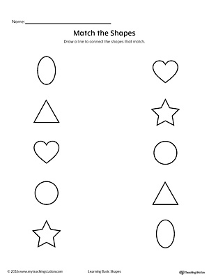 Match the geometric shapes: oval, circle, triangle, heart, and star with this printable worksheet.