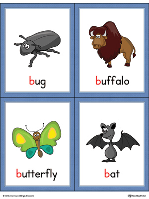 Printable beginning sound vocabulary cards for letter B, includes the words bug, buffalo, butterfly, and bat.