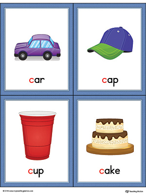 Printable beginning sound vocabulary cards for letter C, includes the words car, cap, cup, and cake.
