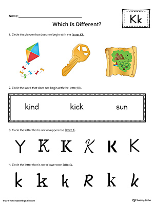 Use the Letter K Which is Different in Color to practice identifying the uppercase and lowercase letter K and it