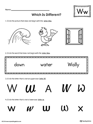 Use the Letter W Which is Different to practice identifying the uppercase and lowercase letter W and it