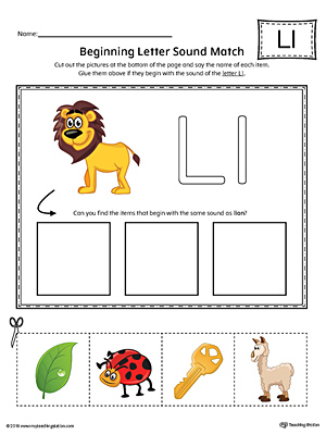Practice matching pictures that begin with the letter L sound with the correct letter shape in this printable worksheet.