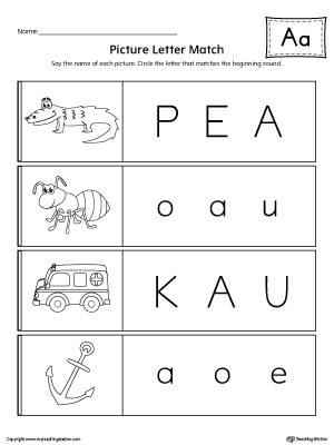 Use the Picture Letter Match: Letter A printable worksheet to practice recognizing the beginning sound of the letter A.
