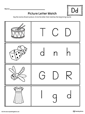 Use the Picture Letter Match: Letter D printable worksheet to practice recognizing the beginning sound of the letter D.