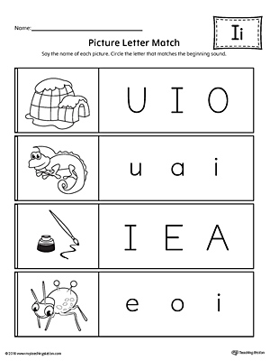 Use the Picture Letter Match: Letter I printable worksheet to practice recognizing the beginning sound of the letter I.