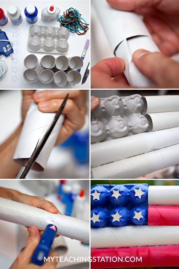 Create US flag using recycled materials for kids craft.