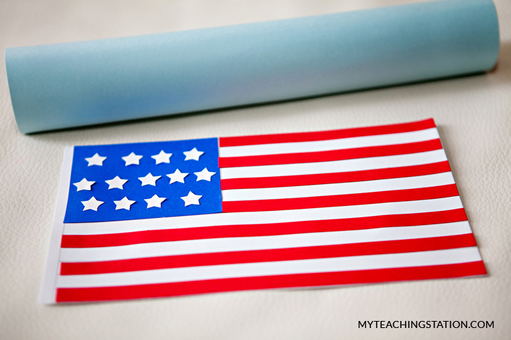 Place the U.S. flag cut outs onto the template to make kids art craft.