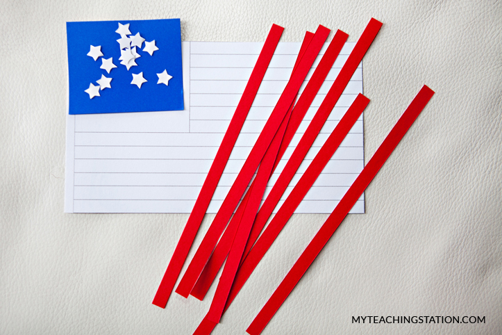 U.S. flag red strips, blue rectangle and white stars cut outs for kids art craft.