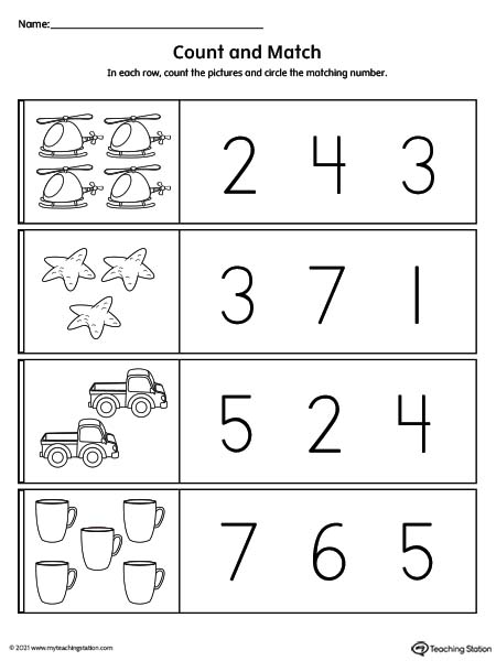 Count and match printable preschool worksheet. Featuring numbers 1-5.
