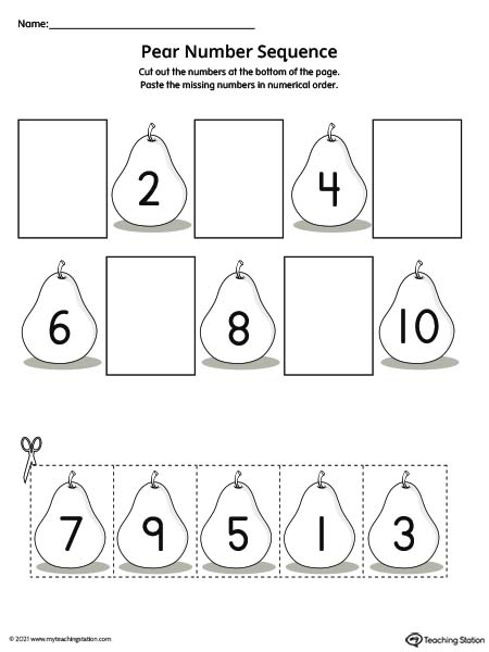 Cut and paste number sequence printable worksheet. Featuring numbers 1-10. PreK worksheets.