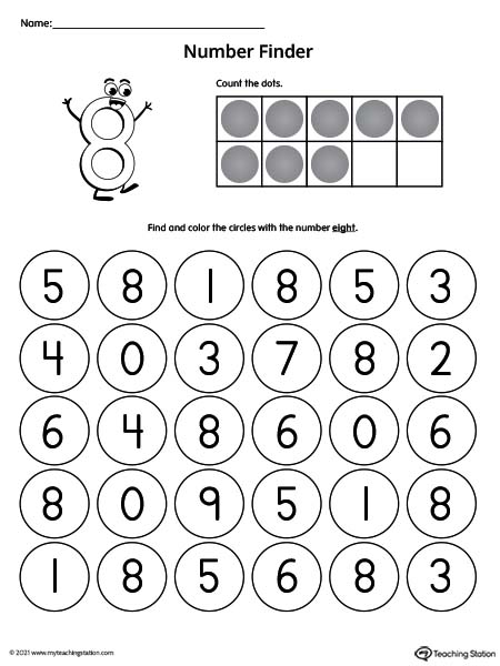 Search and find number eight printable worksheet.