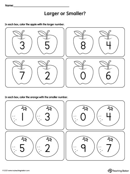 Larger or smaller number comparison preschool worksheet.