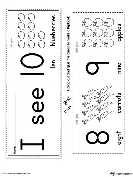 Numbers 0-10 flipbook with pictures for preschoolers and kindergarteners.