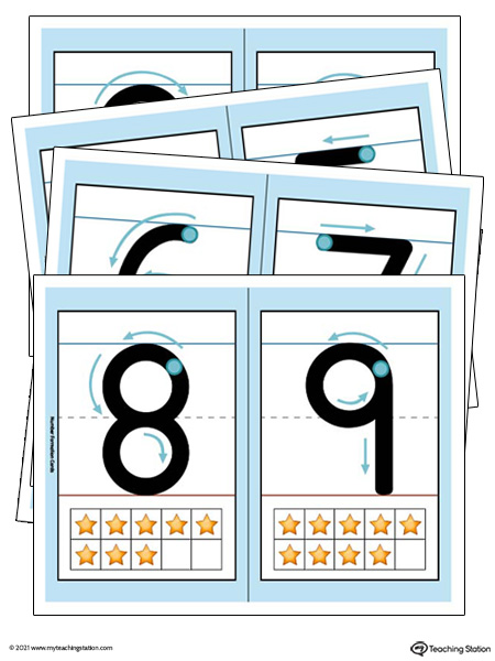 Printable number formation cards featuring ten frame representation. Preschool and kindergarten teaching resources. Available in color.