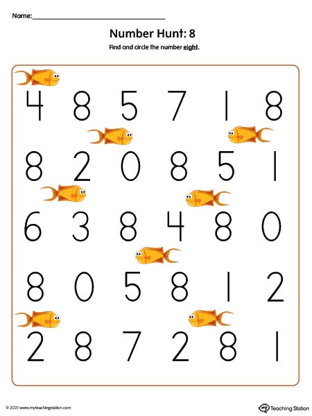 Number hunt preschool printable activity. Featuring number eight recognition worksheet. Available in color.