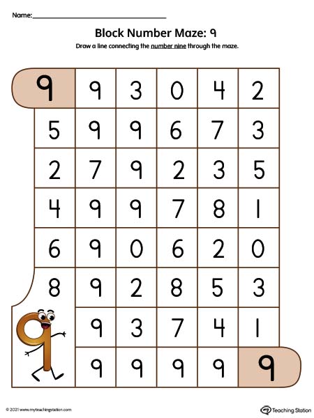 Help preschoolers practice number recognition with this number maze worksheet. Featuring number nine. Available in color.