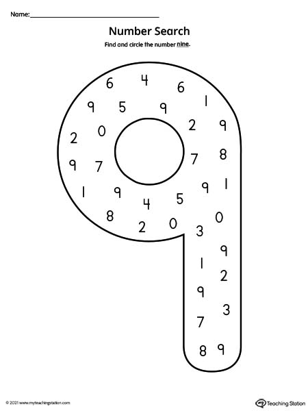 Search the number nine in this printable worksheet to help practice number recognition.